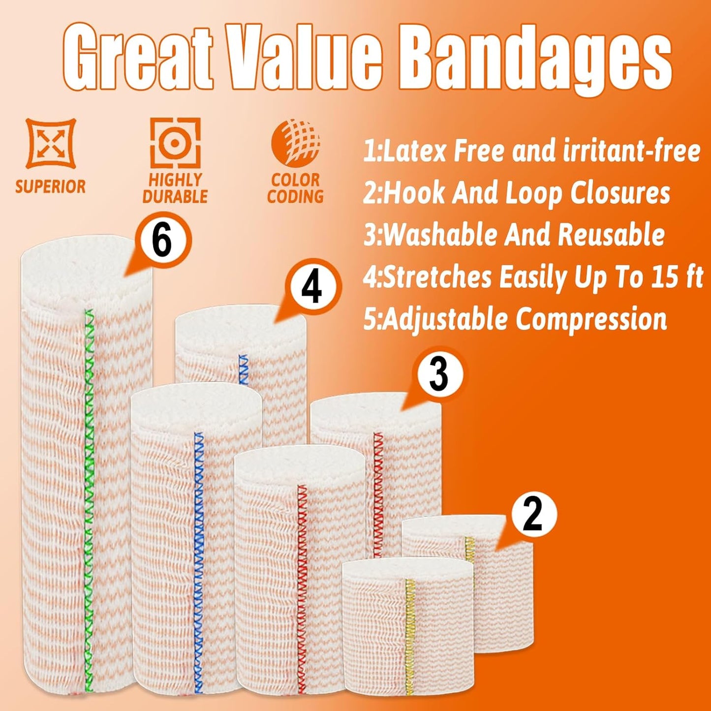 Premium Elastic Bandage Wrap 4 inch 6 Pack Reusable Versatile Self-Closing Compression Bandage Wraps for Ankles, Wrists Knee, Tummy and Body Cotton Lymphedema Wraps for Legs Latex-Free