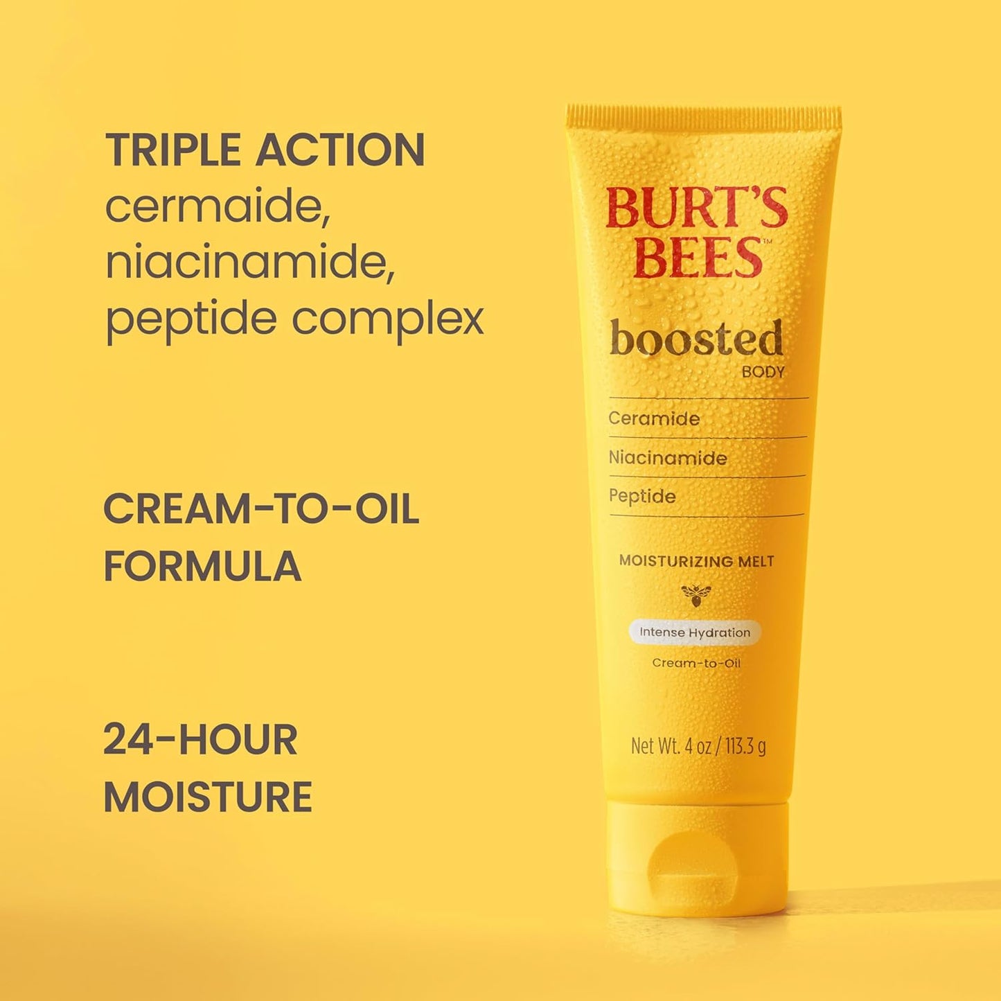 Burt's Bees Boosted Body Moisturizing Melt With a Ceramide, Niacinamide and Peptide Complex, Intense Skin Hydration, Cream-to-Oil Body Lotion Helps Support Skin Barrier, Tropical Scented, 4 oz. Tube