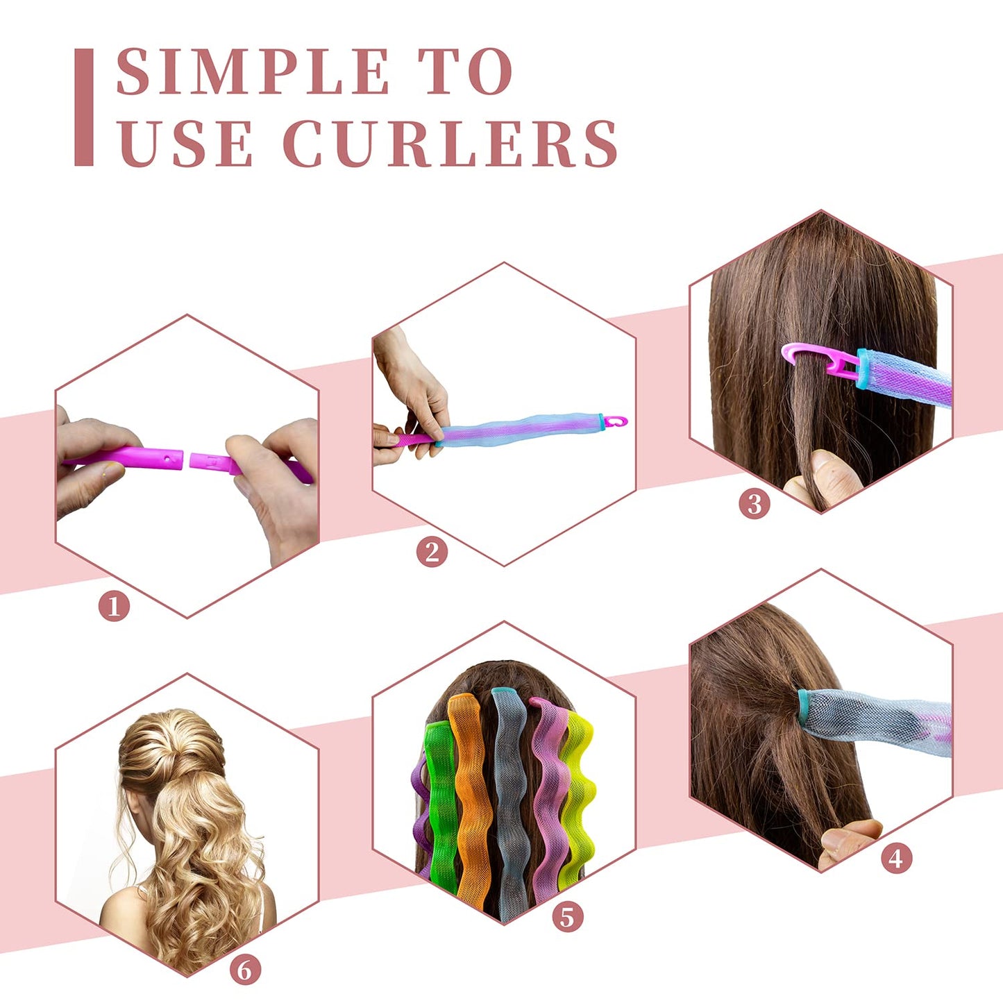 30pcs Wave Curlers Rollers Kit with Styling Hooks, Heatless Spiral Curls for Medium and Long Hair 17.8(45 cm)