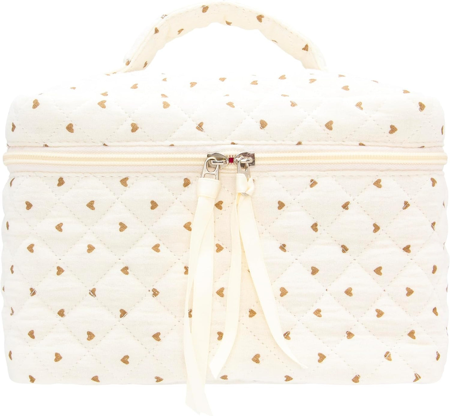 PAZIMIIK Quilted Makeup Bag Large Travel Zipper Soft Cosmetic Case for Women Girls Make Up,Gauze Heart Coffee