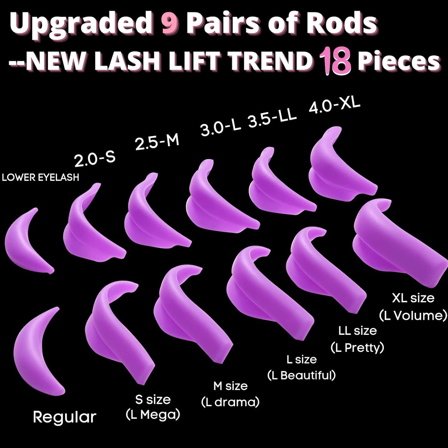 Eyelash Perm Pads Lash Lift Rods Eyelash Lift Shields Silicone Pads 9 Sizes 18 Piece Reusable Soft Lash Lift Pads Shield for Different Length Eyelashes Perfect Lifting (Violets)