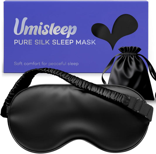 Umisleep 100% Pure Mulberry Silk Sleep Mask, 22 Momme 6A Soft & Smooth Fibers, Breathable Eye Mask for Women & Men, Better Light Blocking Sleeping Mask with Travel Pouch, Adjustable Blindfold, Black