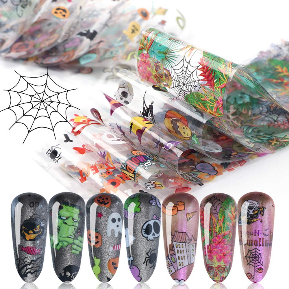 Halloween Nail Foil Sticker Set Fall Nail Art Stickers Day of The Dead Nail Art Decals Pumpkin Cat Charms Nail Decorations DIY Transfer Paper Holographic Nail Decor Wraps Accessory 10 Pcs/Pack