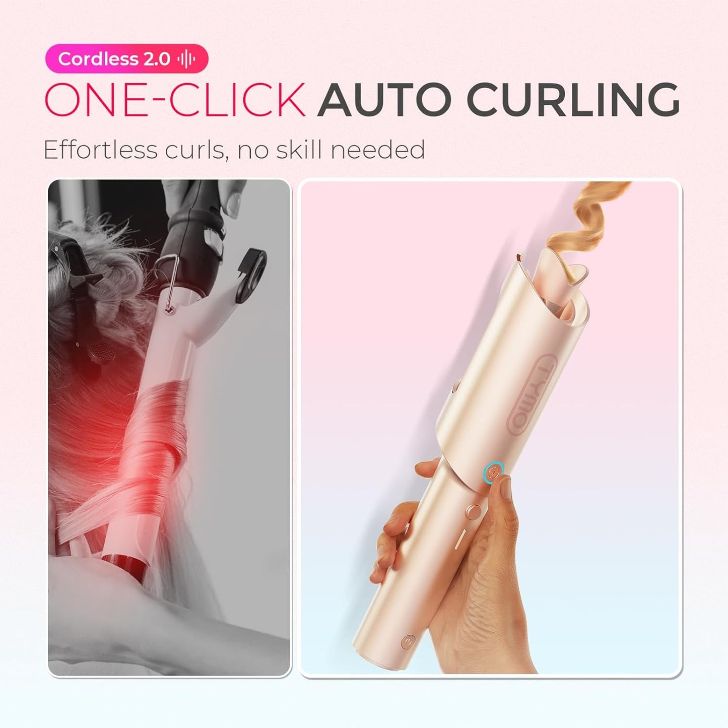 TYMO Cordless Automatic Curling Iron - TYMO CurlGo 1 Inch Beach Waves Rotating Curling Wand, Portable Hair Curlers for Travel, Dual Voltage & Rechargeable Curler for Women, Tangle-Free, Gold Blush