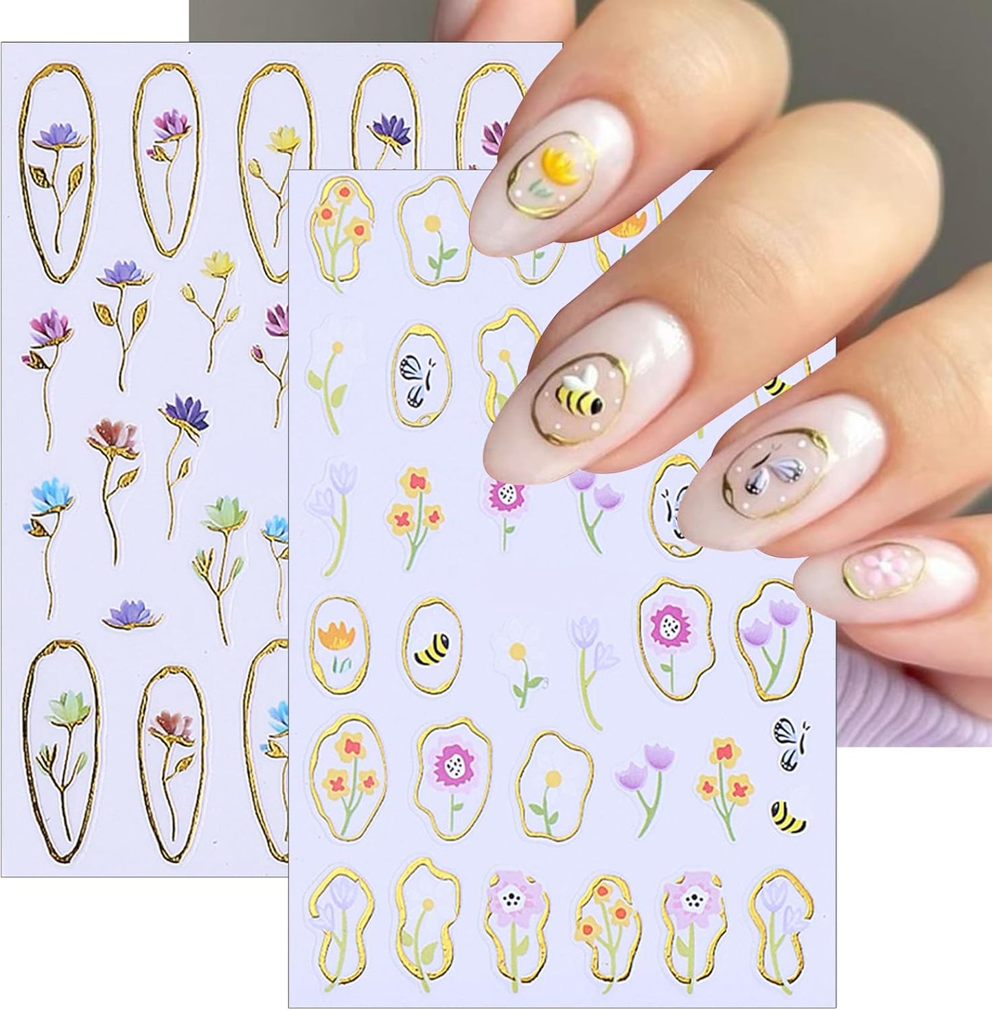 6 Sheets Spring Nail Art Stickers 3D Self-Adhesive Gold Edge Flowers Pink Cherry Blossoms Pattern Pink Petal Floral Golden Circle Bow Design Nail Decals for Women Spring DIY Nail Art Decorations