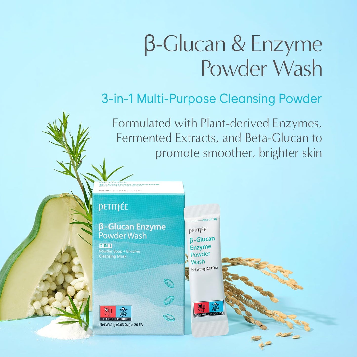 Petitfee B-Glucan Enzyme Wash 1g*20ea - Facial Cleanser, Cleansing Powder with Papaya Extract Papain, Rice Extract for Mild, Daily Exfoliation, Powder Soap, Cleansing Mask, Travel Size