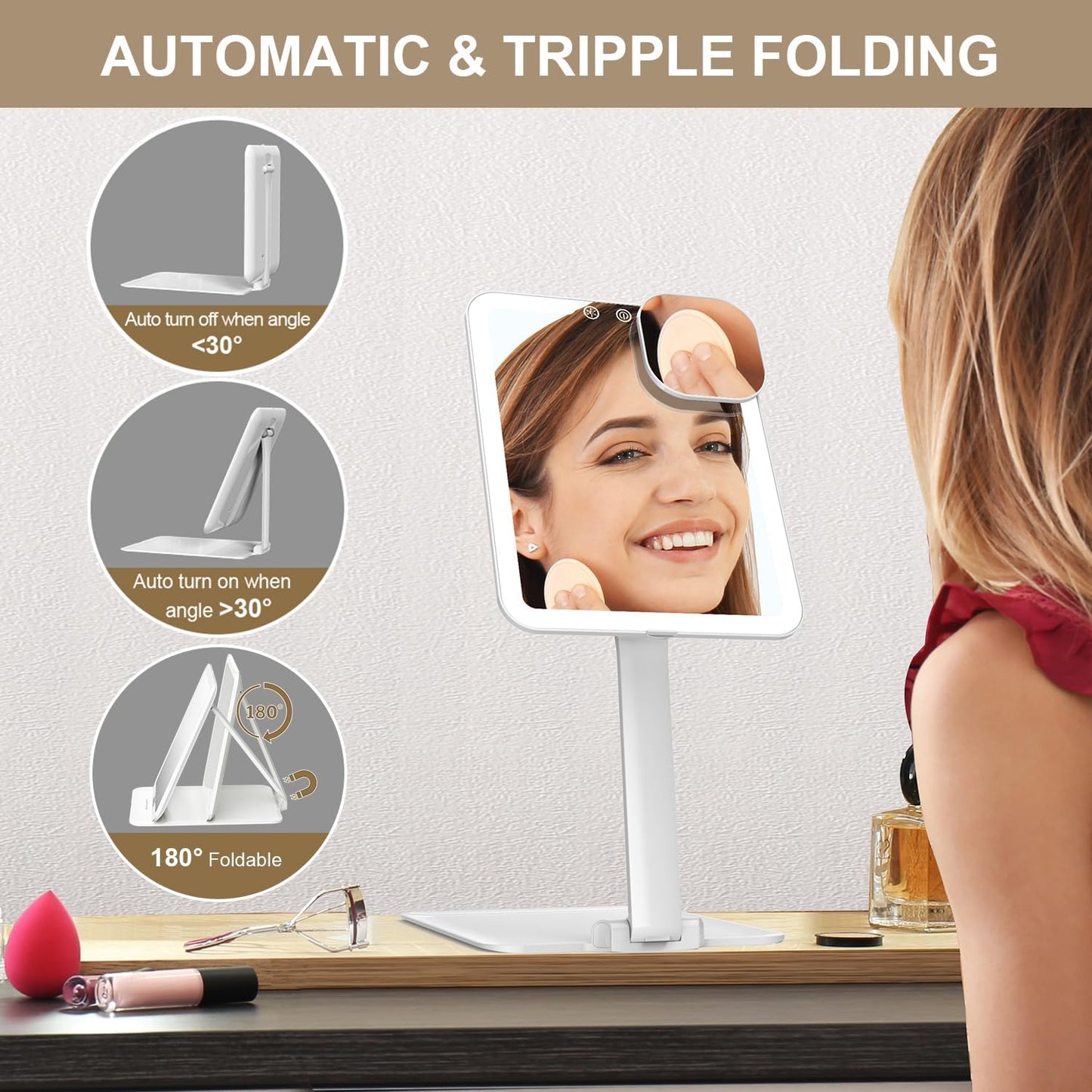 Mocado Travel Makeup Mirror with Light, Tripple Folding Vanity Mirror with Lights, 3 Colors Lighted Makeup Mirror, 1500mAh Rechargeable, Memory Function, Freely Adjust Height and Angle(White)