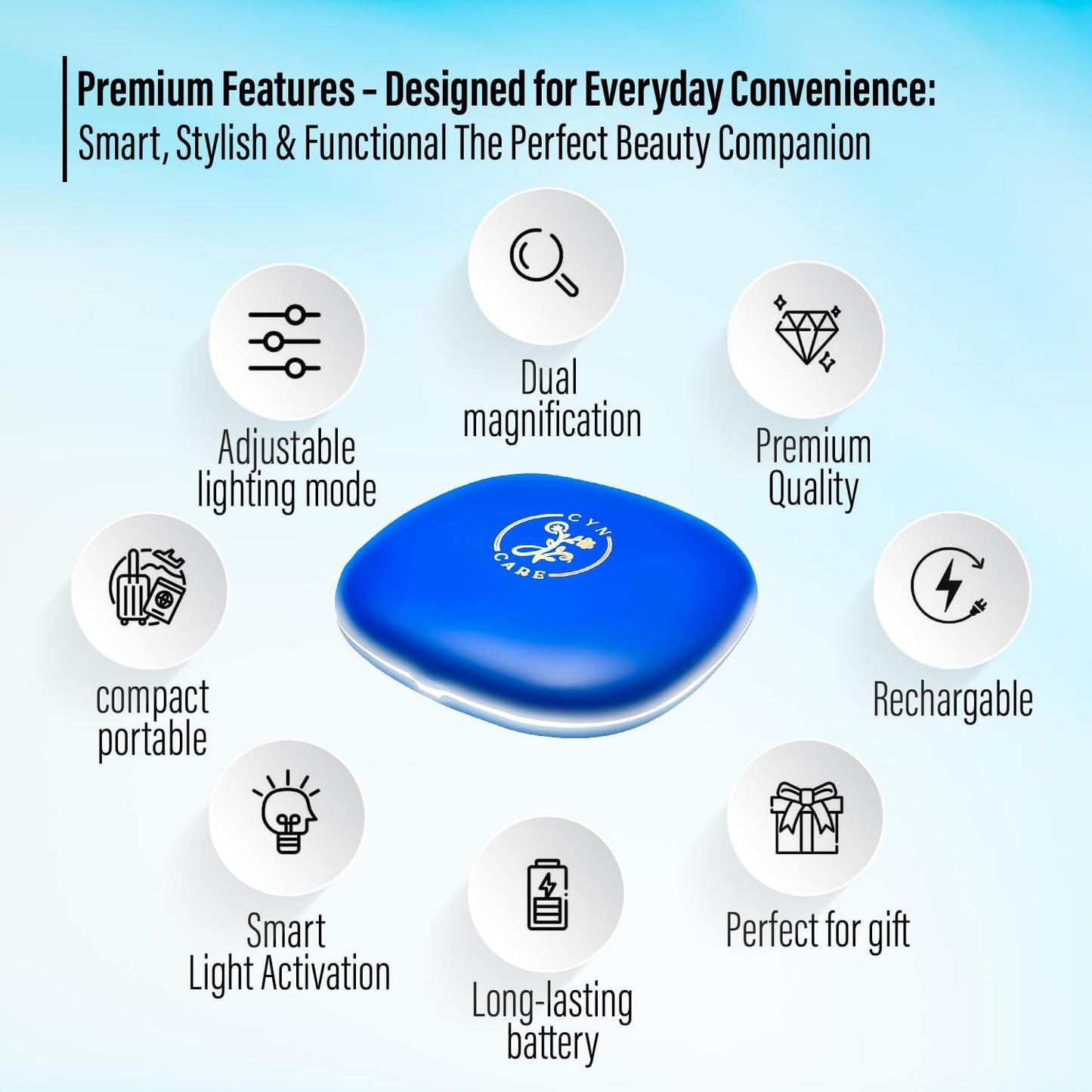 LED Compact Mirror – 1x & 10x Magnification | Travel Makeup Mirror with Adjustable Lighting | Handheld & Pocket-Sized Portable Mirror with Protective Pouch (Blue)