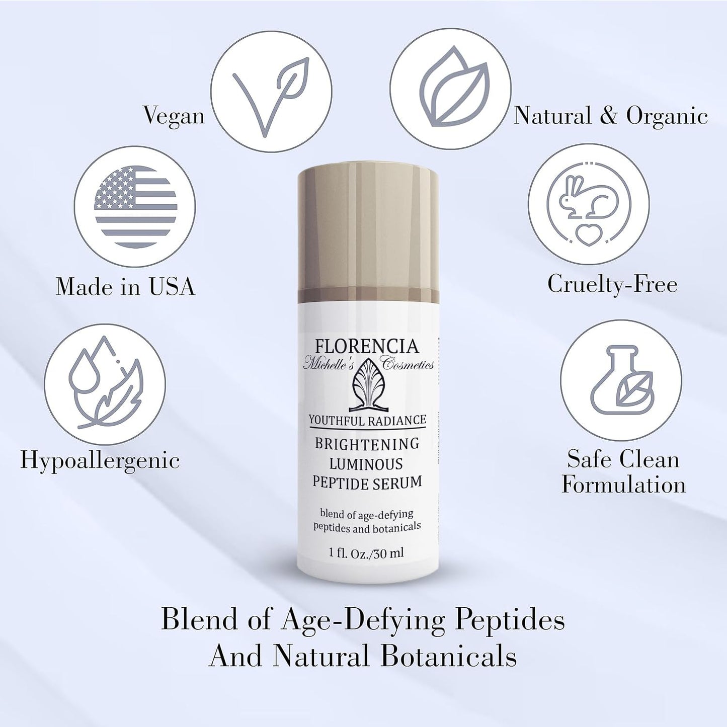 Florencia Brightening Luminous Peptide Serum - Age-Defying Face Serum with Peptides, Sodium Hyaluronate & Organic Botanicals – Helps to Reduce Wrinkles, Illuminate Complexion, 1 Oz