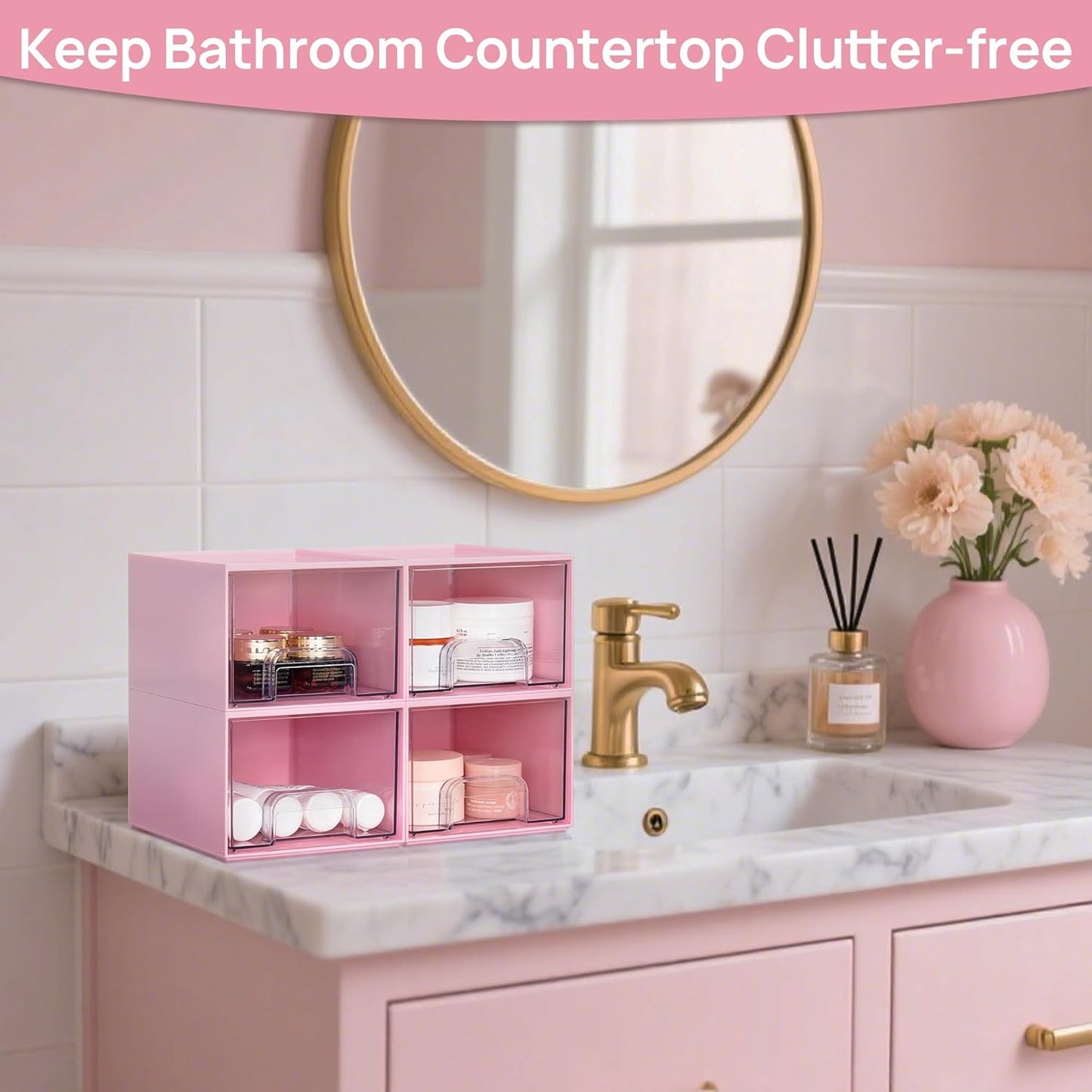 Vtopmart 4Pack Stackable Storage Drawers, 4.4'' Tall Bathroom Makeup Organizer,Plastic Storage Bins For Vanity, Undersink, Kitchen Cabinet, Pantry, Home Organization(Pink)