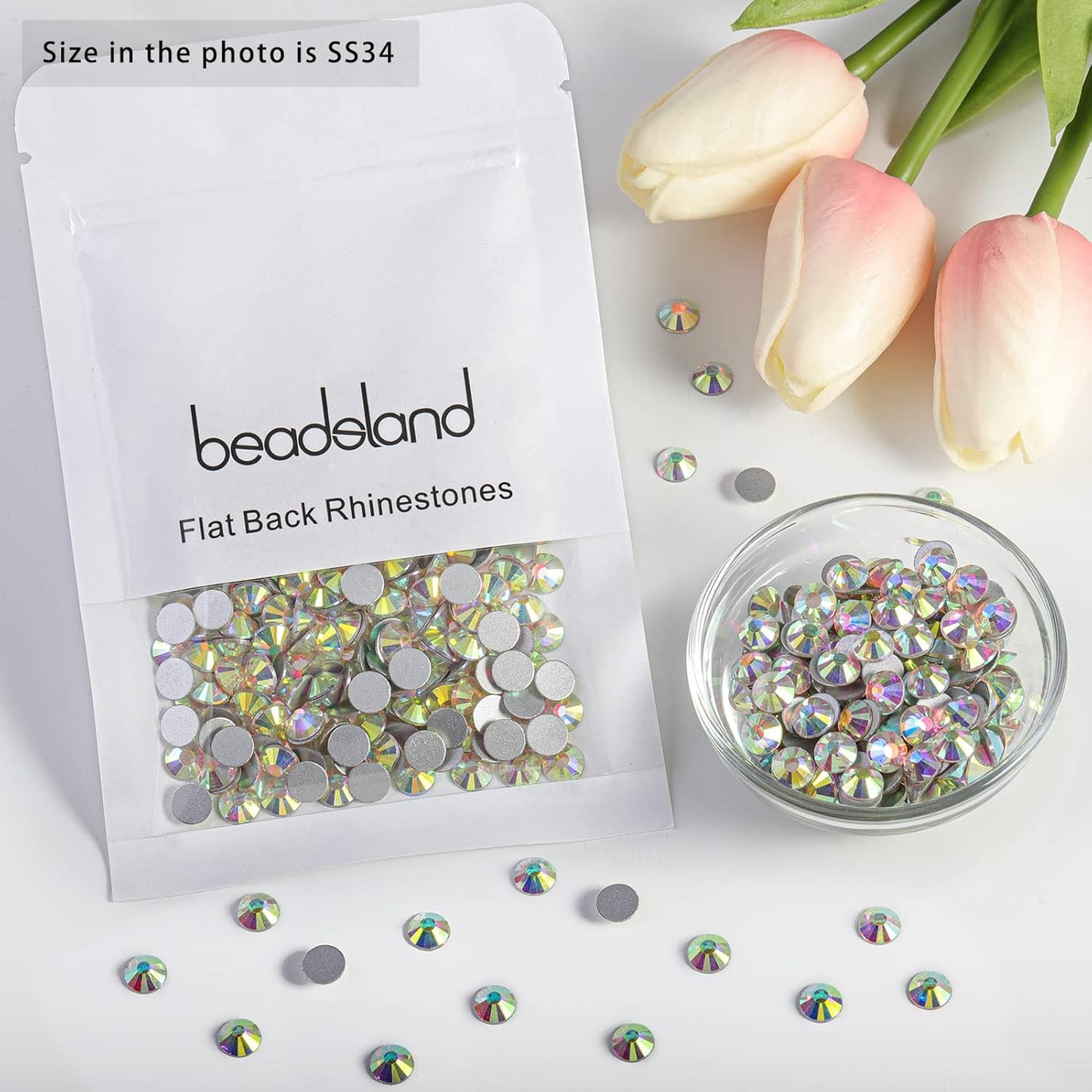beadsland Flat Back Crystal Rhinestones Round Gems for Nail Art and Craft Glue Fix, CrystalAB (7.1-7.3mm) SS34/288pcs