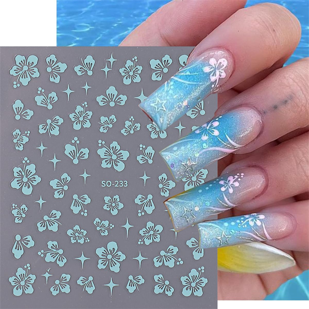 6 Sheets 3D Flowers Nail Art Stickers - Self Adhesive Decals in Gold, Silver & White/Blue/Pink for DIY Manicure