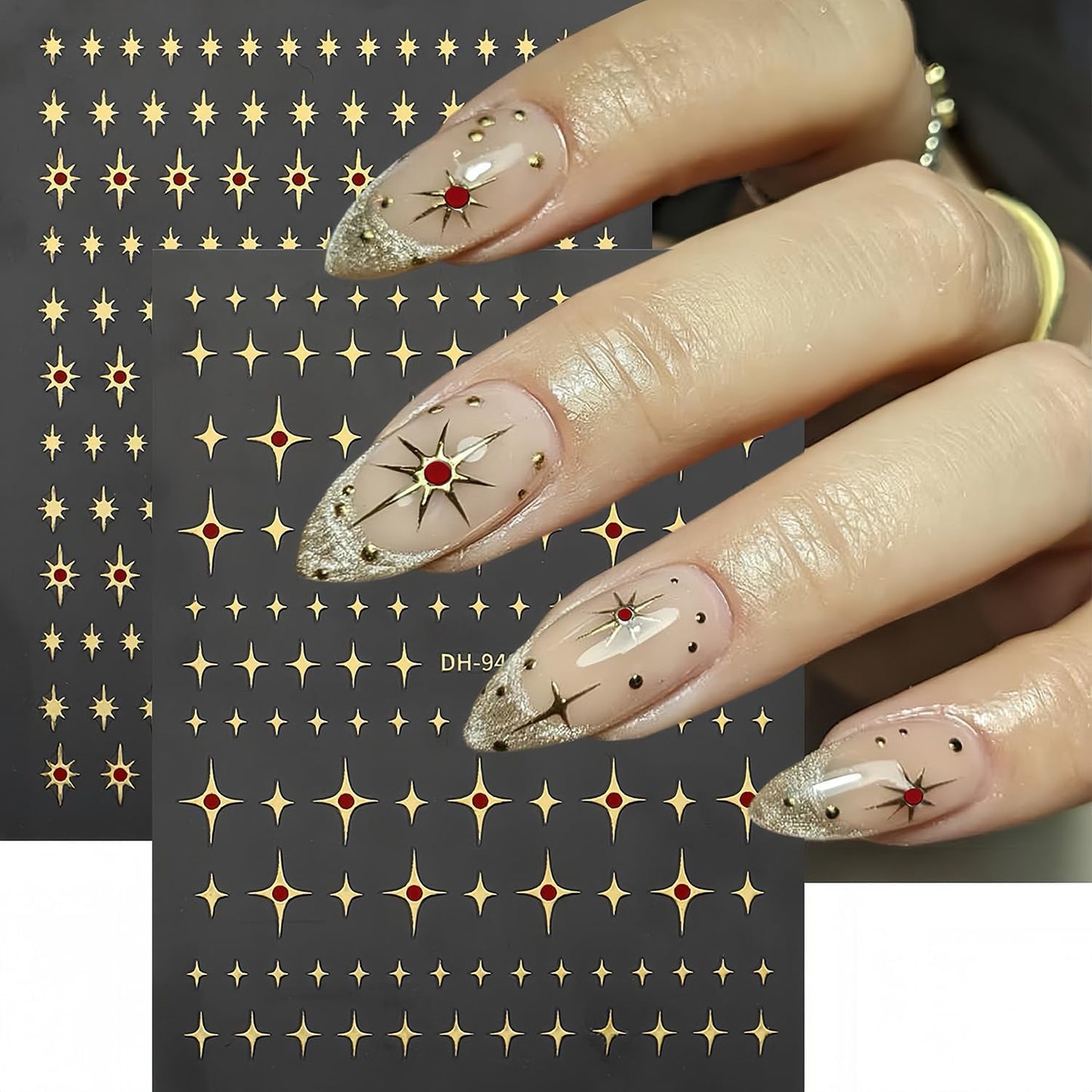 5 Sheets Star Nail Art Stickers 3D Self-Adhesive Gold Stars Starlight Nail Stickers with Red Rhinestones Design Nail Decals Star Moon Nails Sticker for Women Daily DIY Manicure Decoration
