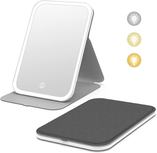 Kintion Travel Makeup Mirror, Portable LED Lighted Makeup Mirror, 360° Rotation Touch Screen Vanity Mirror, 60 LEDs, 3-Color Dimmable Lighting, Rechargeable Tabletop Folding Cosmetic Mirror, Black