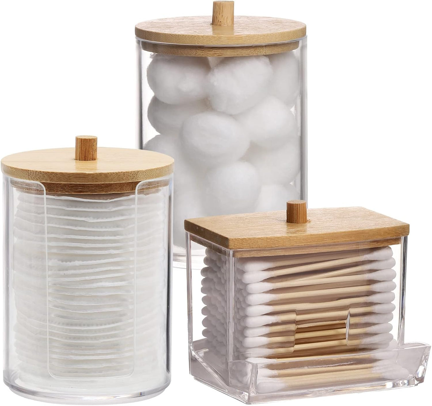 Tbestmax Bathroom Organizer Accessories Set-10 OZ,7 OZ Qtips Holder Storage with Brown Wood Lids, Cotton Ball/Swabs Dispenser, Apothecary Container Jar 3 Pcs