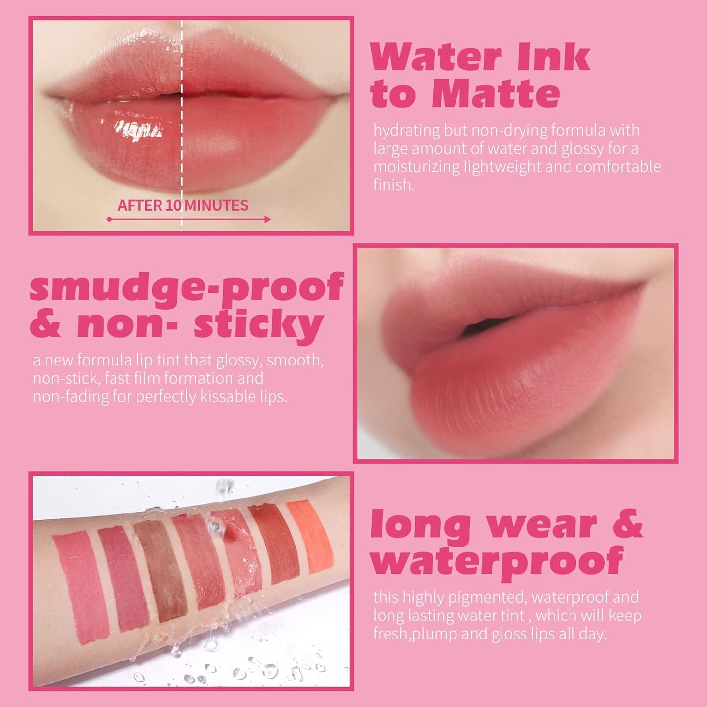 KIMUSE Water Gel Lip Tint 6 Colors Set, Highly Pigmented Long Lasting Moisturizing Glossy Lip Stains, Hydrate Lightweight Lip Gloss Makeup