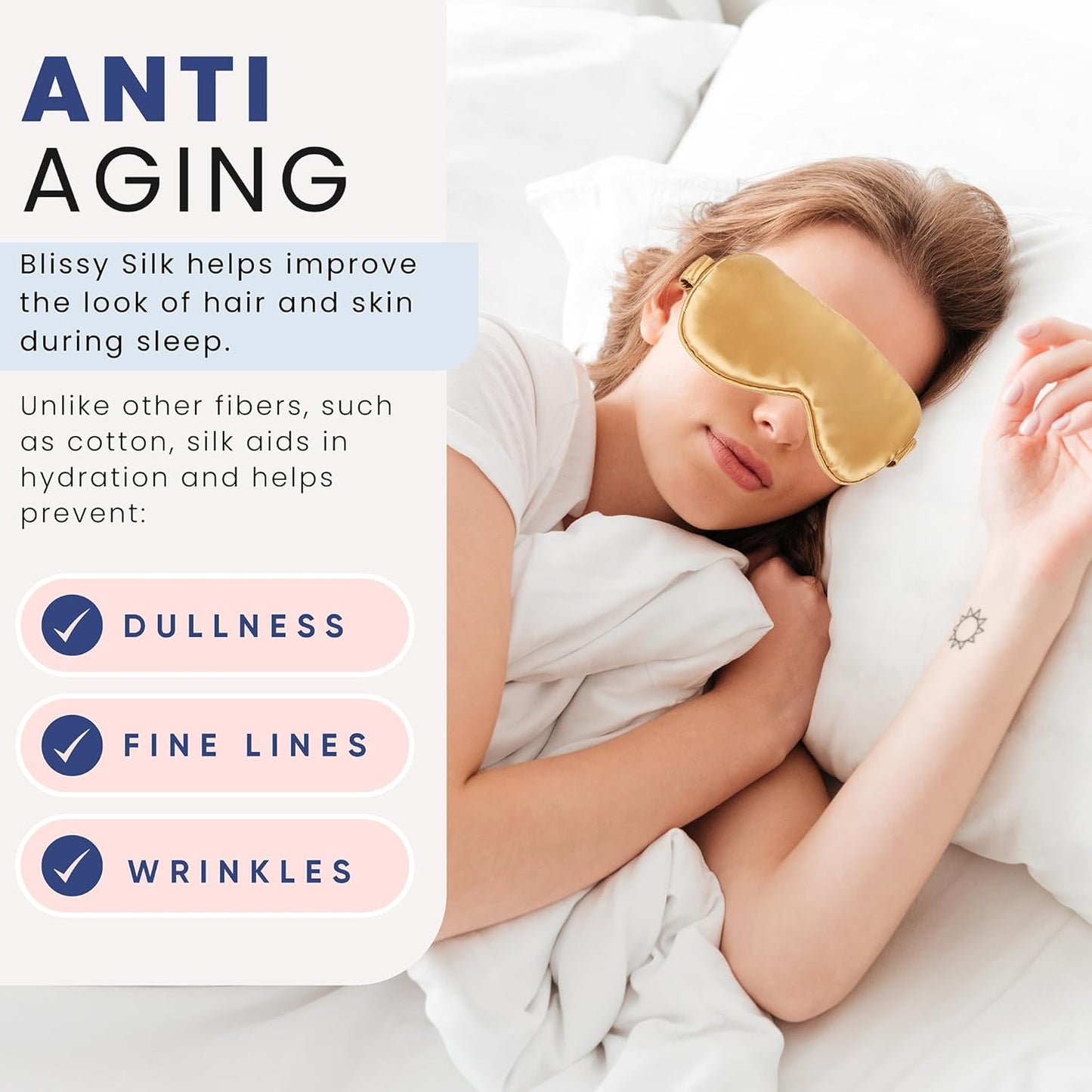 Blissy Silk Sleep Mask - Silk Eye Sleeping Mask for Women & Men for Total Blackout - 100% Pure Mulberry Silk, 22 Momme 6a Fibers - Blindfold Silk Sleep Mask Side Sleeper Eye Cover (Gold)