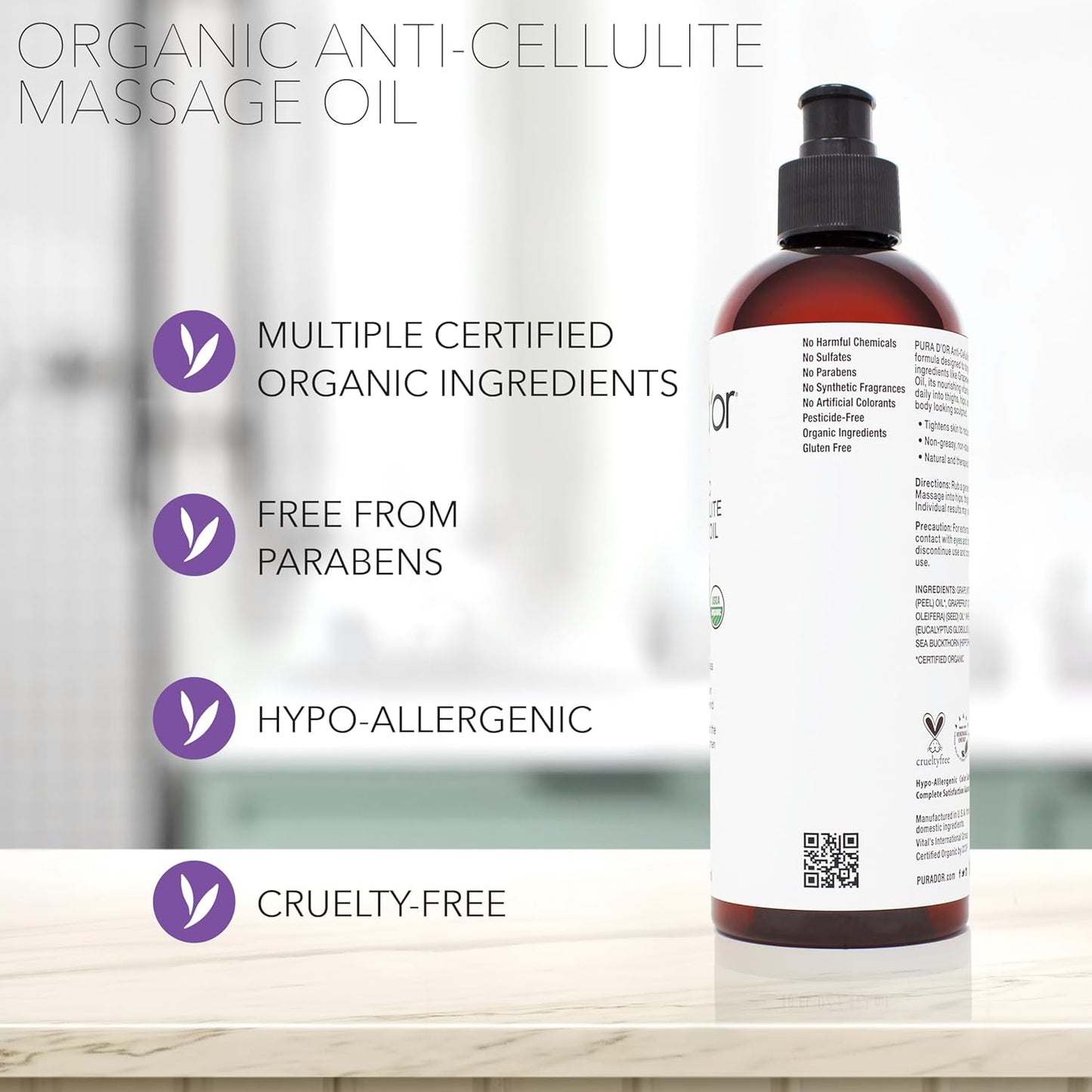 PURA D’OR 16 Oz Organic Anti-Cellulite Massage Oil for Toned Legs and Butt - Lemon Peel, Moringa, Grape Seed, Grapefruit & Eucalyptus Oils - Skin Firming & Tightening