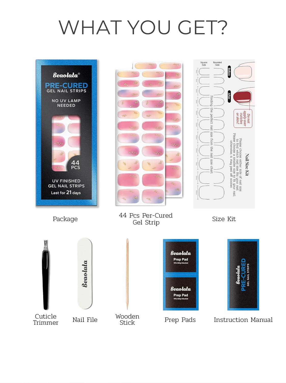 Pre Cured Gel Nail Strips - 44PCS Salon Quality Gel Nail Stickers - Long Lasting Polish Wraps for Women no UV Light Needed Easy Apply& Remove (Metallic Pink Maze）