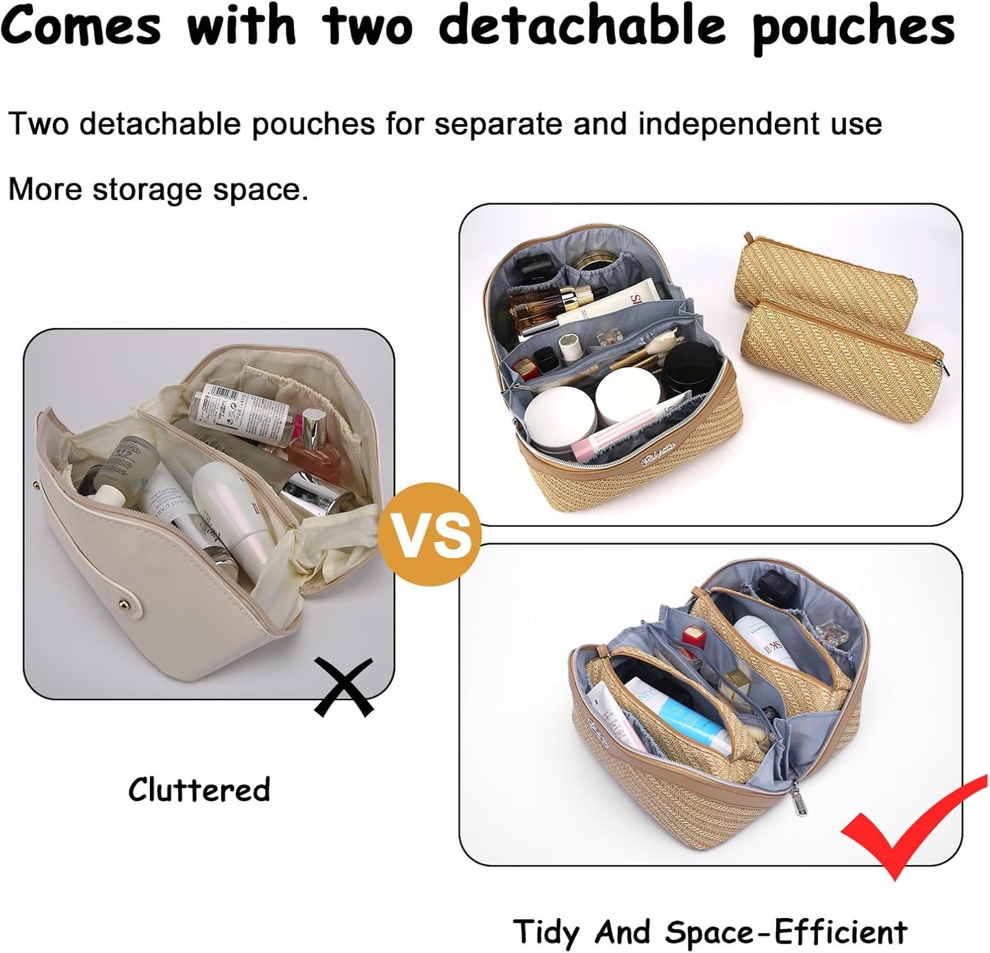 BOYATU Travel Makeup Bags for Women: Large Cosmetic Bag Waterproof - Vegan Leather Make up Bag Set of 3 - Compact Toiletry Organizer with Compartments & Handle & Divider (Z-Brown)