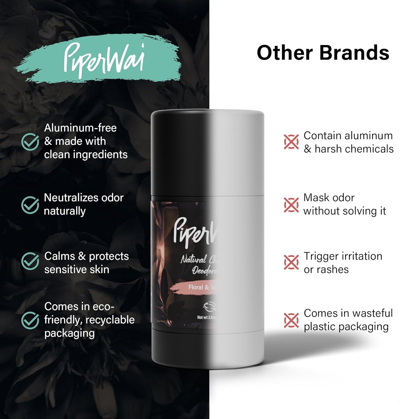 PiperWai Natural Deodorant w/Activated Charcoal | Odor Protection, Vegan, Aluminum Free, Shark Tank Product for Women & Men | Great for Travel, & Gifts | 2.6 oz (75g) Floral Vanilla Scented Stick