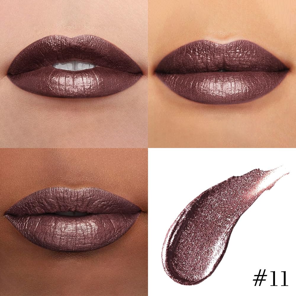 Kaely 2-in-1 Dark Borwn Metallic Lipstick and Lip Liner, Shimmer Liquid Metallic Lipsticks for Women, Glitter Lip Gloss Stain Long Lasting Waterproof Smudge Proof 24 Hour, Vegan Makeup, 11