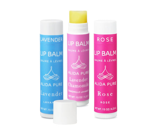 Floral Lip Balm Collection, Vegan Set, Beeswax Free, with Organic Jojoba and Avocado Oil, Vitamin E, Natural Moisturizer for Dry, Chapped or Cracked Lips, 3 Tube Set