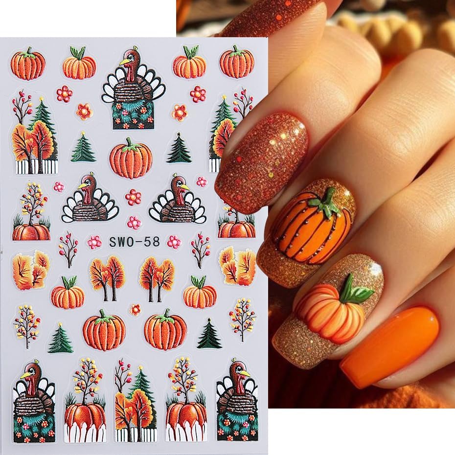 4Pcs Fall Nail Stickers 3D Pumpkin Maple Leaves Thanksgiving Nail Decals Orange Tree Nail Art Stickers 5d DIY Self Adhesive Nail Design Decoration