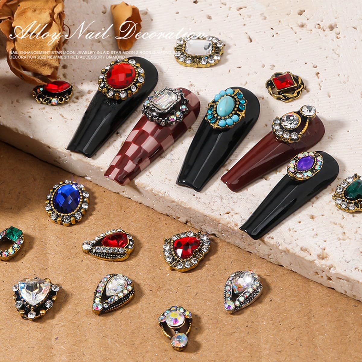 24 Pcs Retro Gold Nail Charms, qiipii 12 Pair 3D Alloy Luxury Nail Gems Elegant Heart Retro Rhinestones for Nails Golden Nail Crystals Diamonds Stones, Nail Art Supplies for Nails Decoration Crafts