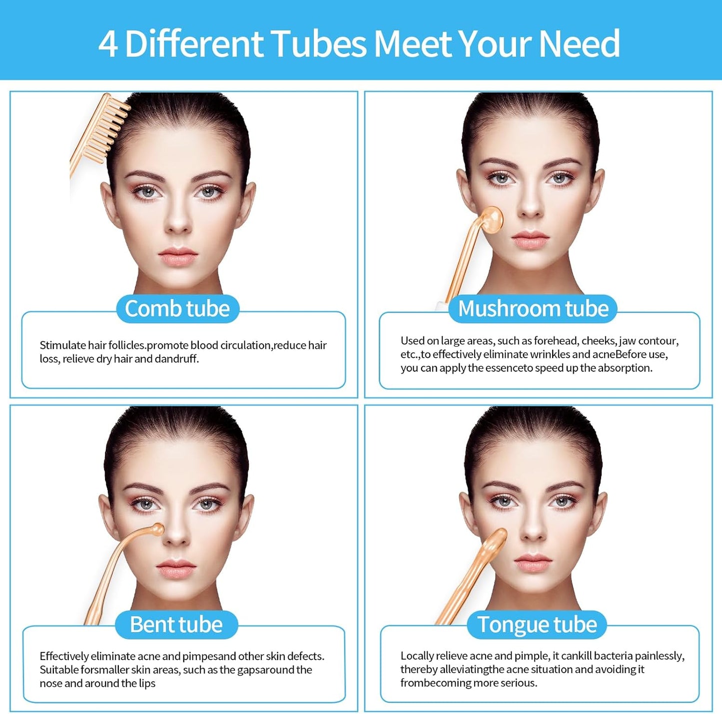 High Frequency Facial Machine-Portable Handheld Skin Therapy Wand High Frequency for Hair with 4 Different Tubes