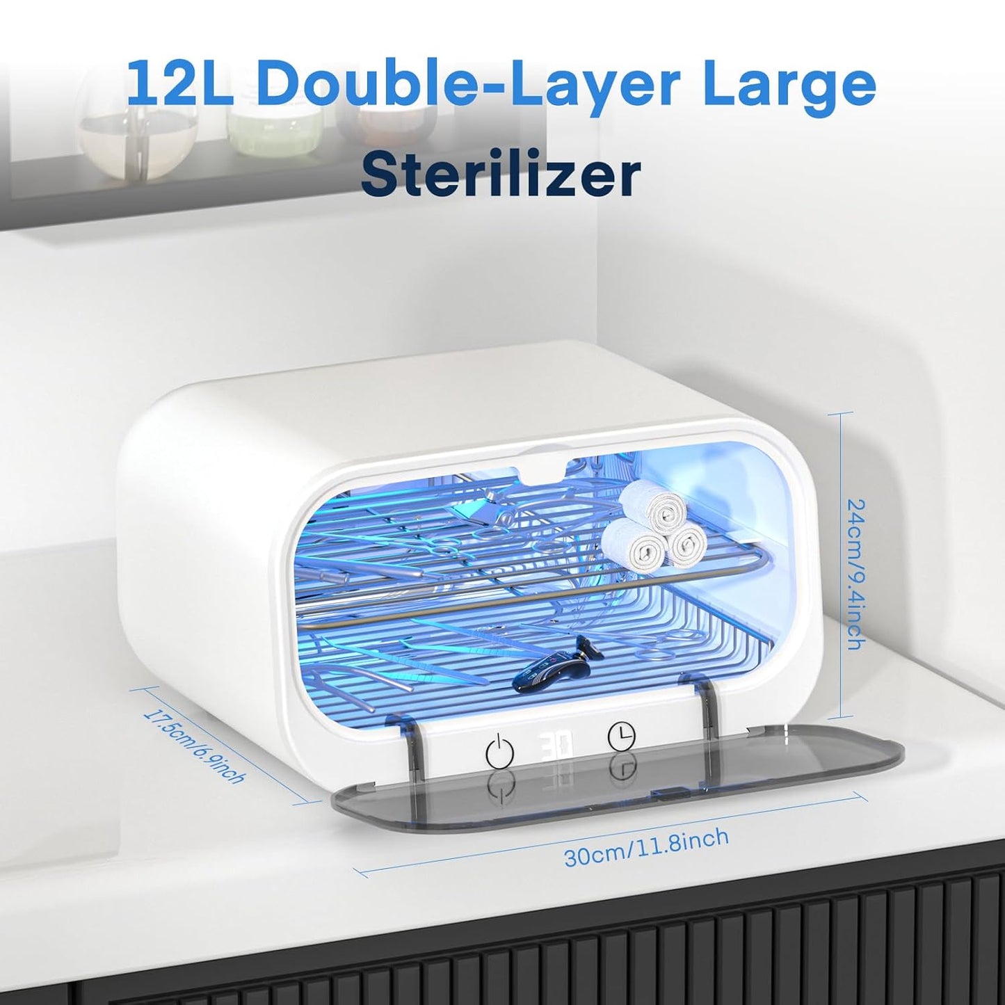 Yofuly Sterilizer for Esthetician, 12L Double-layer Large Sterilizer for Nail Tools, Multi-Functional Nail Cleaner Box, Large Capacity Cleaning Cabinet for Home Use, Barbers, Beauty Salons, and Spas