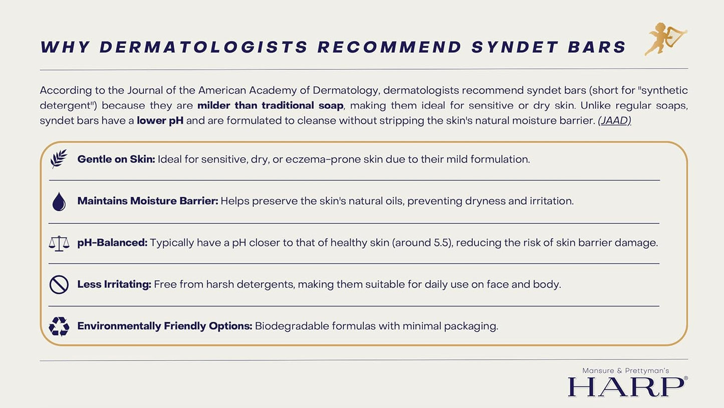 HARP pH-Balanced (5.0-6.0) Body Wash Bar. ZERO saponified oils. Protects Moisture Barrier. Gentle for Sensitive/Dry skin. + Shea Butter/Borage Oil. Non-Comedogenic. VANILLA LAVENDER Fragrance. 5oz