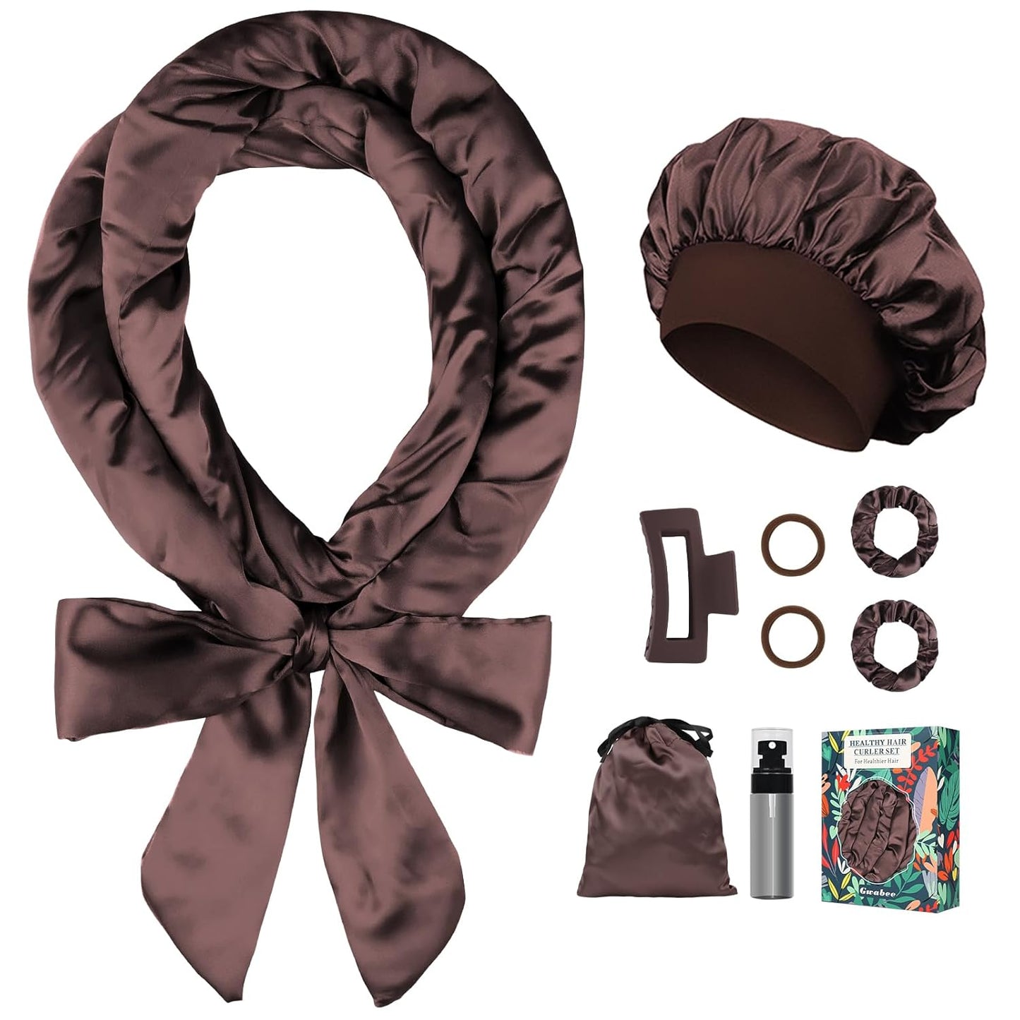 Satin Heatless Curls Overnight Hair Curlers to Sleep In Hair Curler Rollers No Heat Hair Wrap for Curls Headband, 70" Satin Heatless Curling Rod Set for Women Long Waves Hair Volume -Brown 9PCS