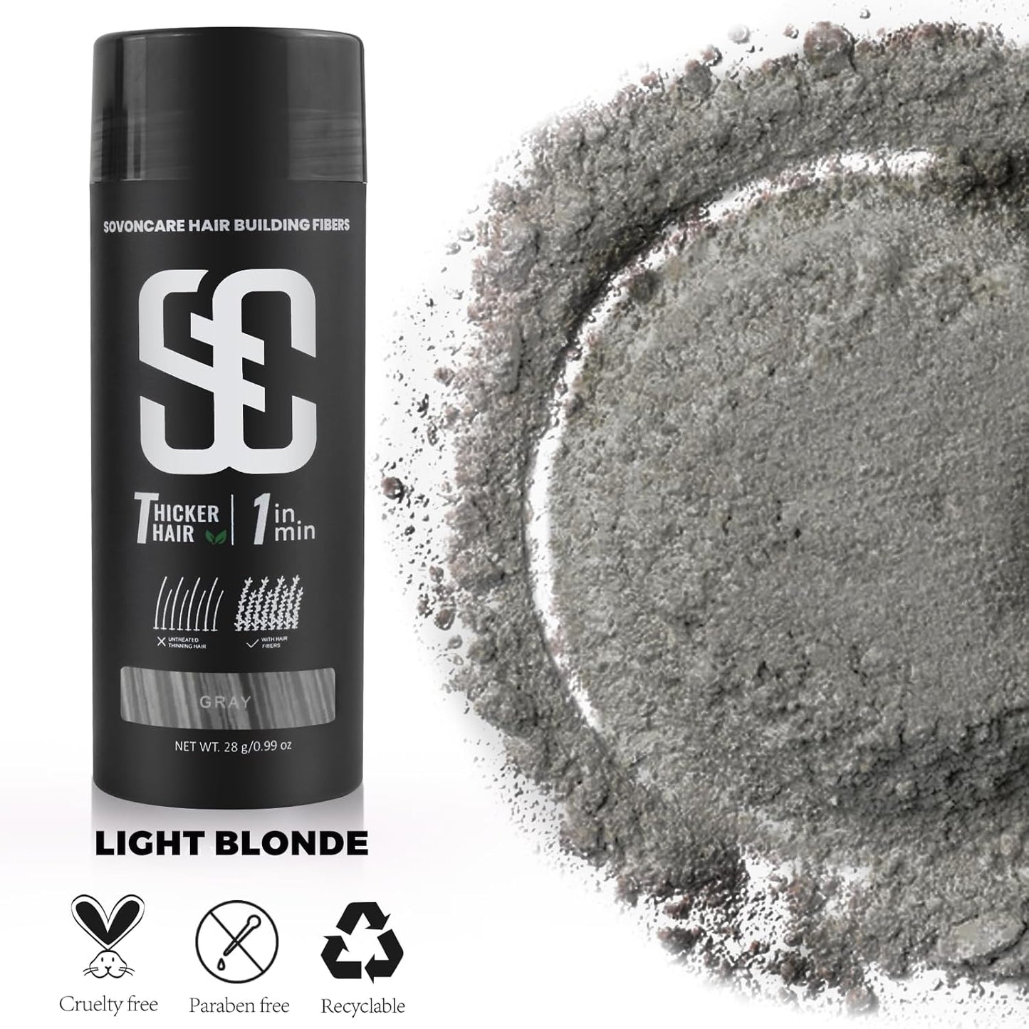 SOVONCARE Hair Fibers for Thinning Hair Gray, Hair Building Fibers for Bald Spots Undetectable & Natural, Conceals Hair Loss Fill In Fine, Hair Powder Hair Thicker Instantly for Women & Men 28g