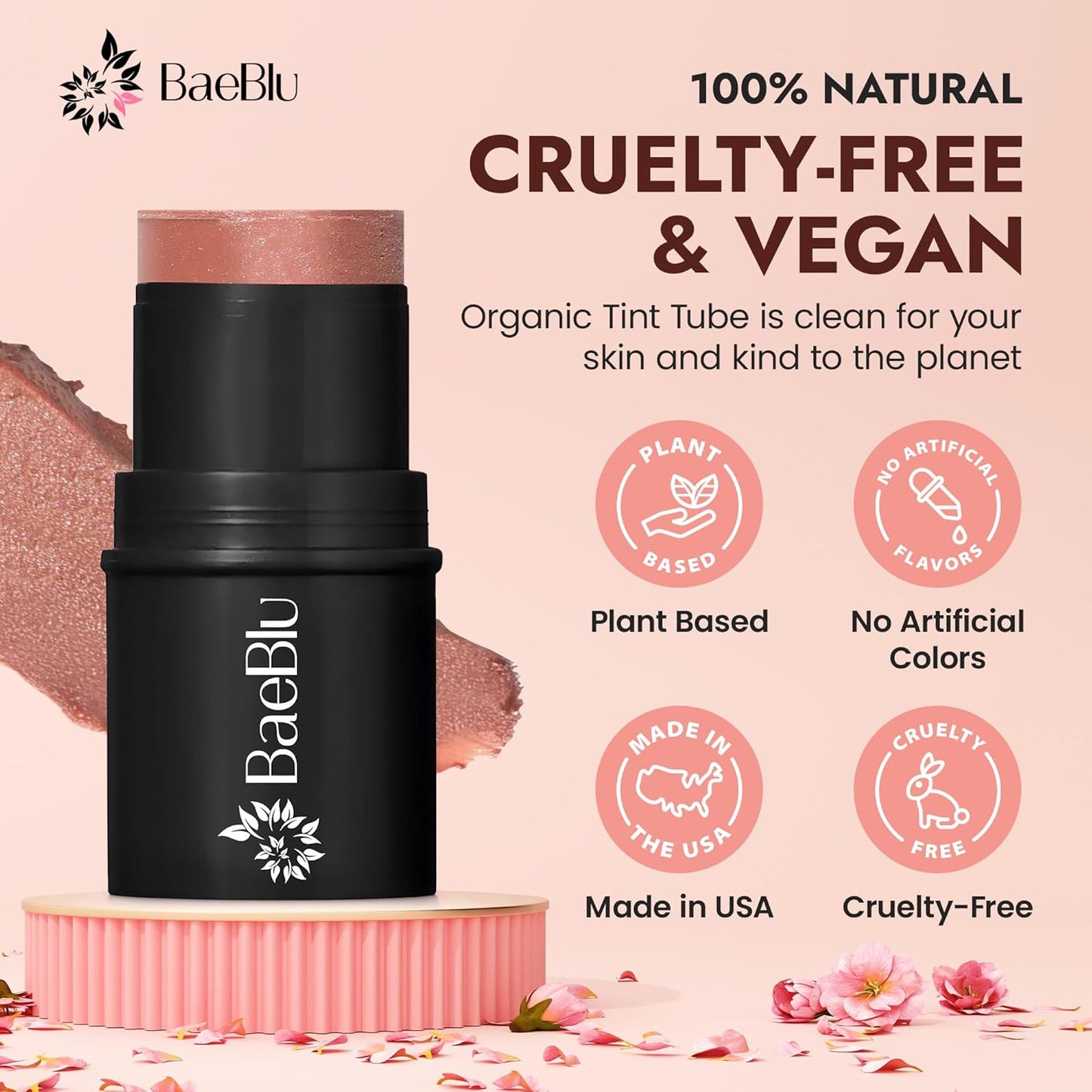 Organic Blush Tube, Sangria - 100% Natural Vegan Cream Blush Sticks, Multi-Use Bronzer, & Highlighter for Lips, Cheeks & Eyes, Buildable Shimmer, Gluten-Free, Paraben-Free, Made in USA