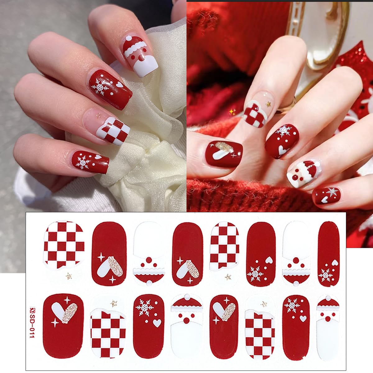 6Sheets Winter Gel Nail Stickers Christmas Full Wrap Gel Nail Strips Glitter Xmas Trees Reindeer Snowmen Nail Polish Stickers Cute Santa Claus French Gel Nail Decals Christmas Stickers for Nail Art