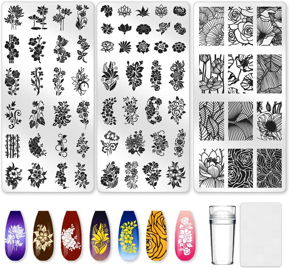 3Pcs Vintage Floral Nail Stamping Plate Set Flower Leaves Bamboo Nail Stamp Templates French Line Tip Nail Stamp Plates Rose Metal Reusable Tools with Stamper Scraper for Manicure Printing