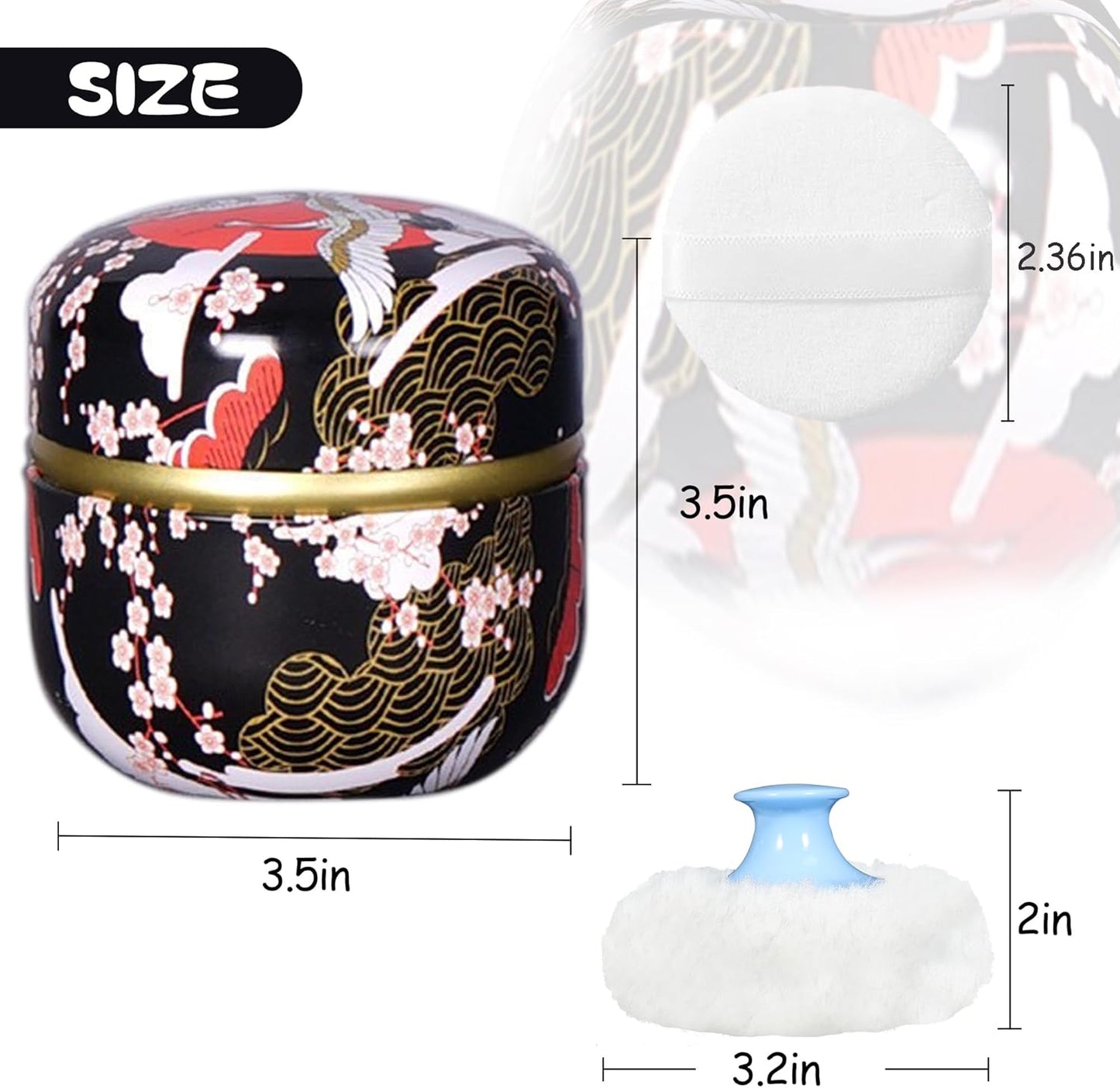 WEMEGA Body Powder Case with Powder Puff Powder Container Tea Box for Baby and Women Powder Puff and Powder Case for Travel (Black Crane)