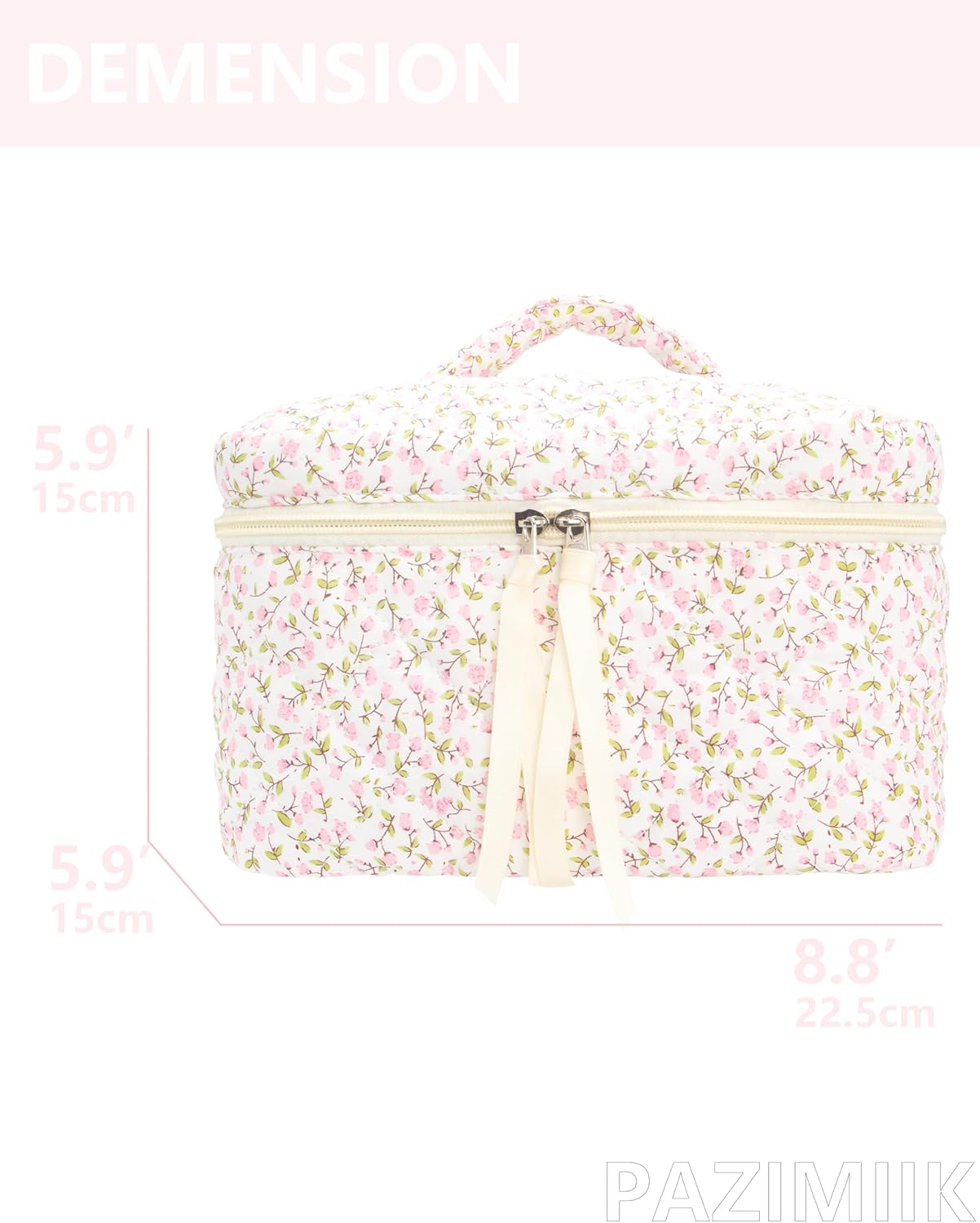 Quilted Makeup Bag Large Travel Zipper Soft Cosmetic Case for Women Girls Make Up,Floral Pink