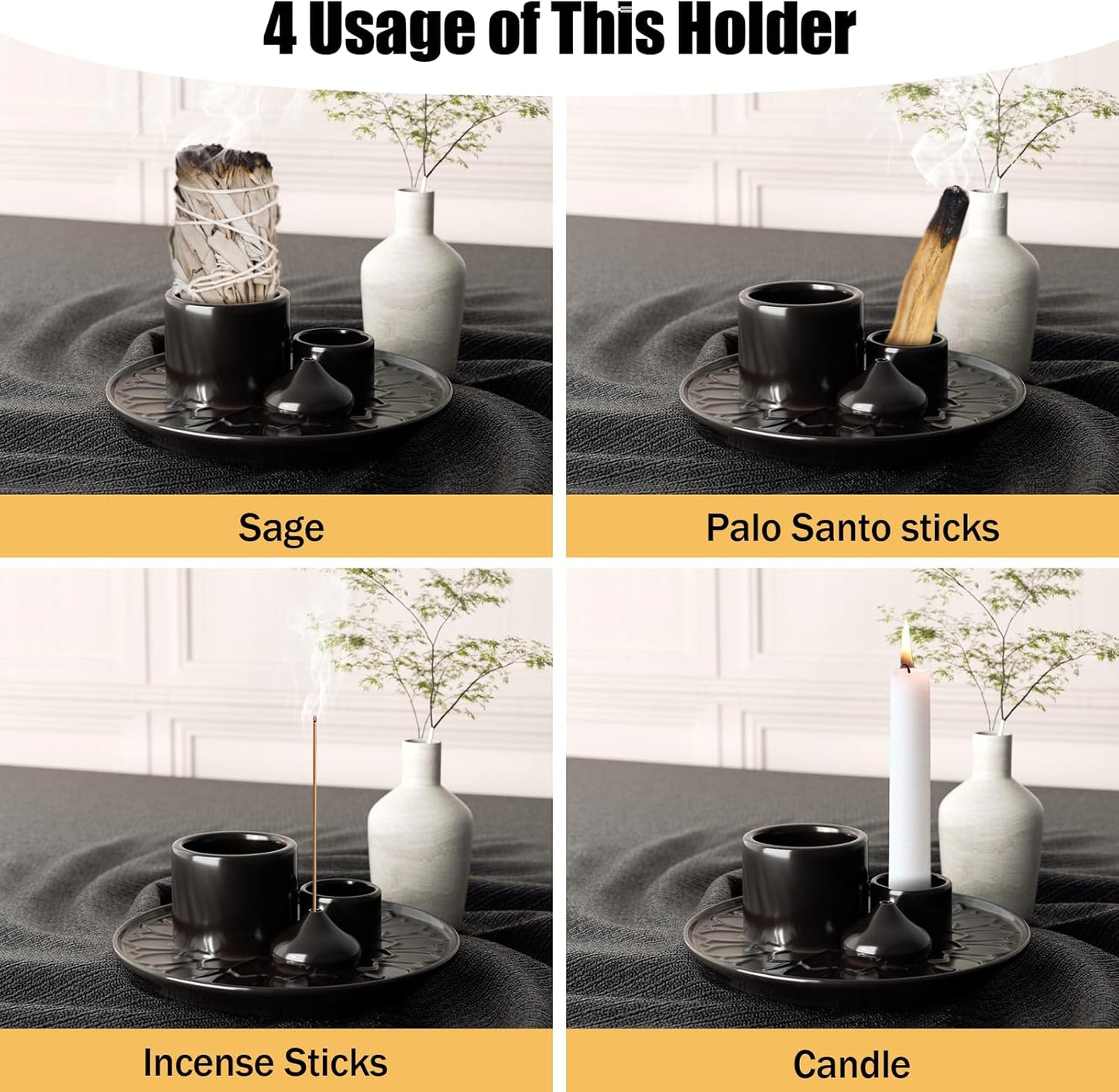 Palo Santo Holder - 4 in 1 Incense & Candle Holder - Ceramic Incense Holder Ash Catcher Tray for Meditation Room - Easy to Clean