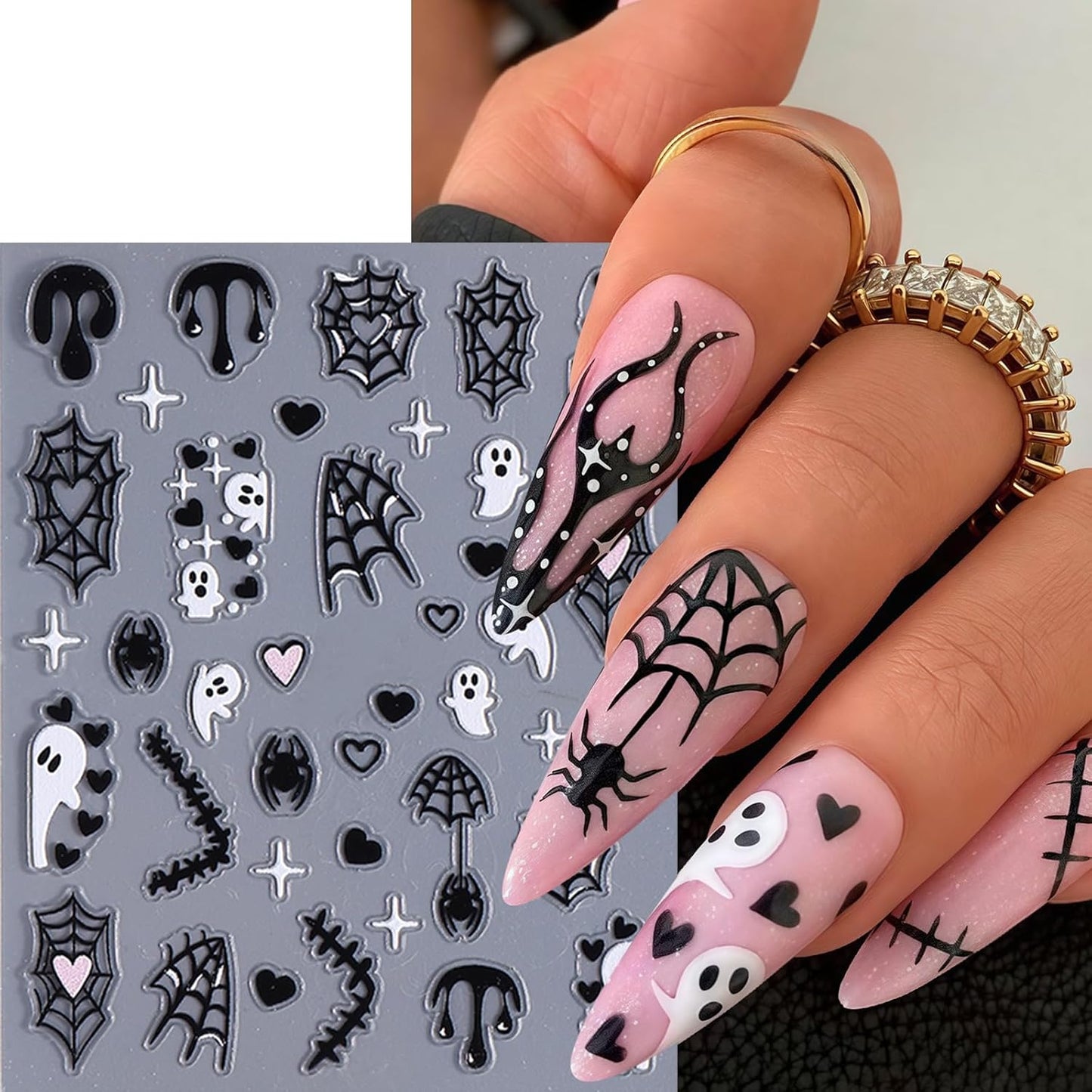 6Pcs Spider Ghost Nail Stickers for Nail Art,Crystal Diamond Spiders Design Nail Decals Spider Web Bloody Bat Nails Design Classic Halloween Pumpkin Nails Decoration for Women Halloween Manicure Salon