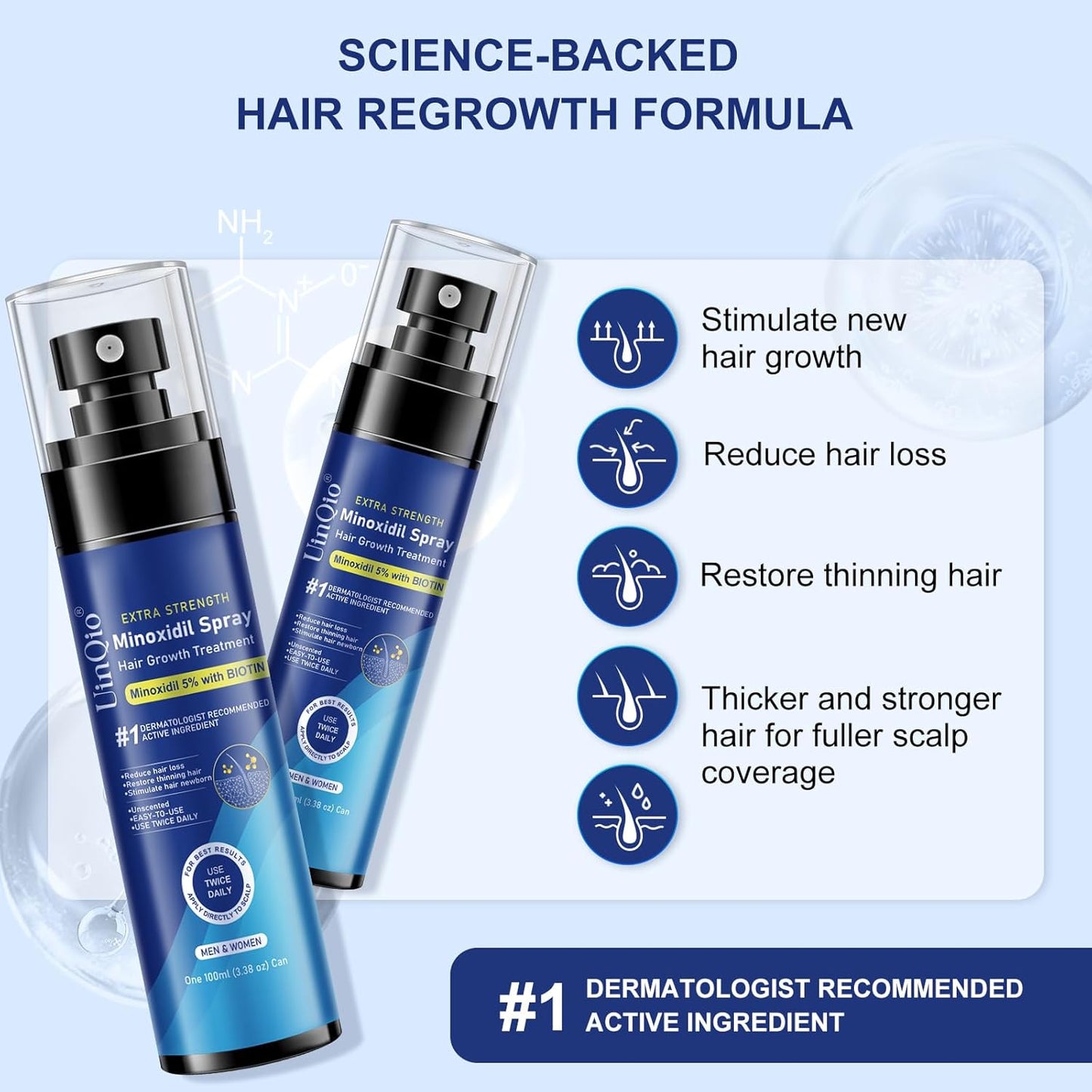 5% Minoxidil Spray for Men and Women, Infused with Biotin, for Hair Regrowth Treatment, Beard Growth, Extra Strength Treatment to Combat Hair Loss and Thinning, 5 Month Supply, 3 x 3.38 oz