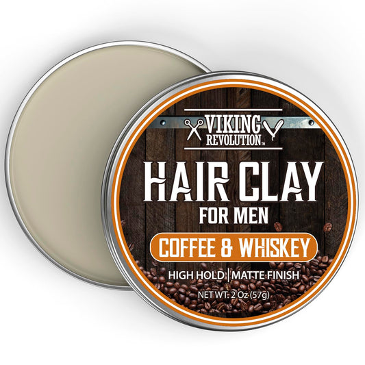 Viking Revolution Coffee & Whiskey Hair Clay for Men - Matte Finish, Texturizing Clay Pomade for Men with Jojoba Oil and Vitamin E - Effortless Hair Styling Cream - Strong Hold, Natural Finish (2 oz)
