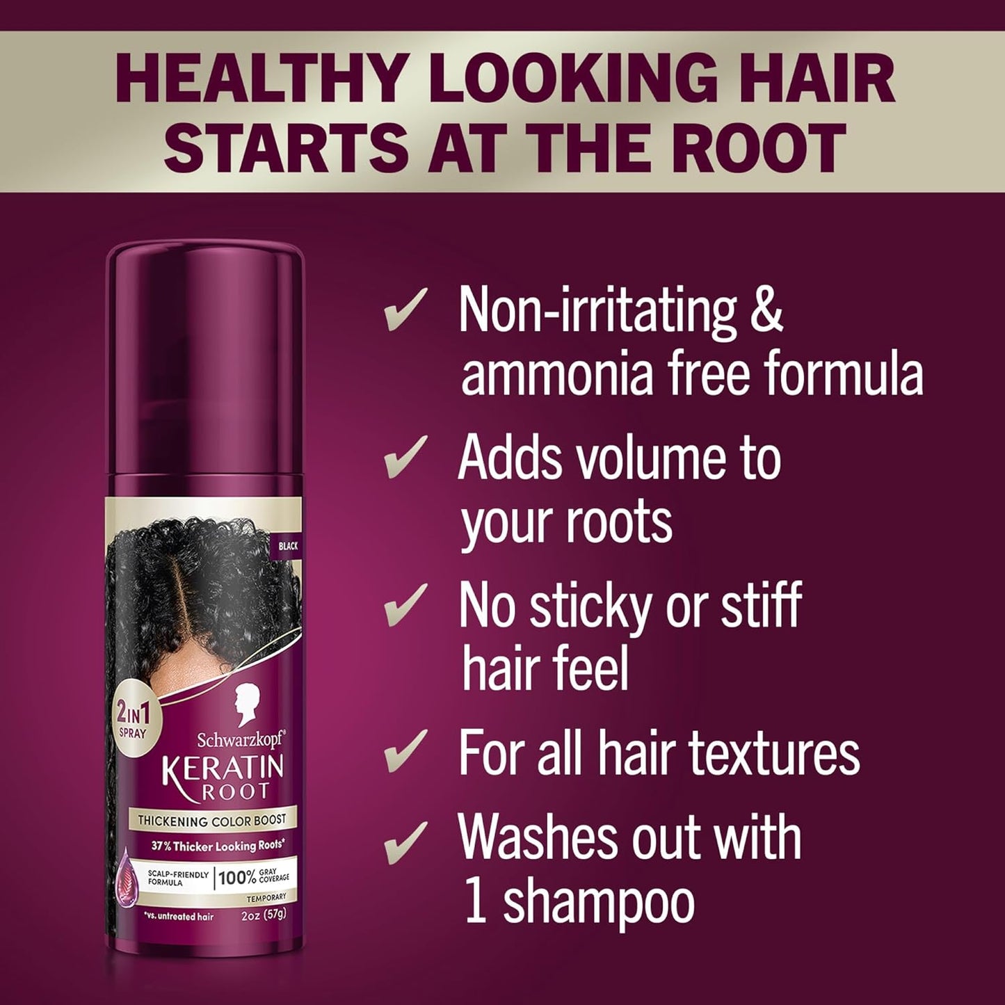 Schwarzkopf Keratin Color Root Temporary Hair Color Spray, Black - Salon Inspired Temporary Hair Dye, for up 100% Gray Coverage and Thicker looking roots, Ammonia free