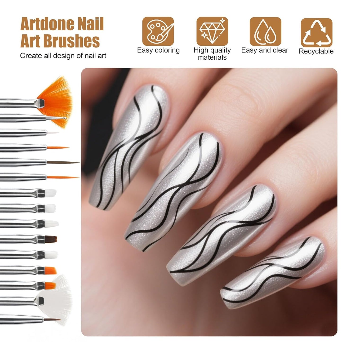 Artdone 15pcs Pink Nail Art Brushes, Nail Art Tool Set, Dotting Tools, Dust Brush,Striping Brushes for Long Lines, Drawing Pen For Gel Polish Design supply