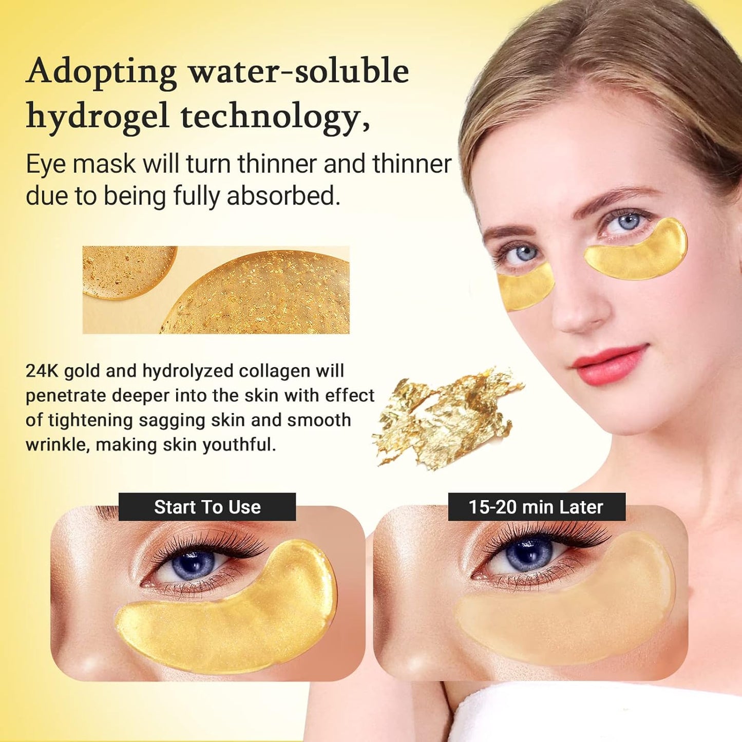 Under Eye Patchs 24k Gold Eye Mask and Hyaluronic Acid and Rose for Dark Circles and Puffiness Wrinkle Eye Bags 30 Pairs