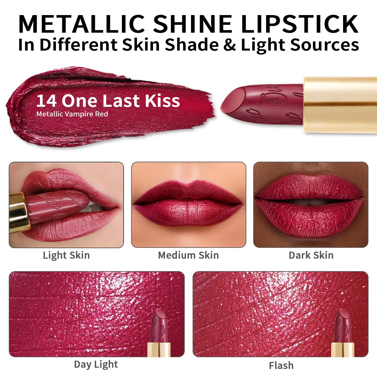 Oulac Wine Red Lipstick for Women with Metallic 3D Shine Lightweight Hydrating Formula, High Impact Lip Color, Vegan Beauty, Full Coverage Lip Makeup, Christmas Gifts for Women, One Last Kiss (14)