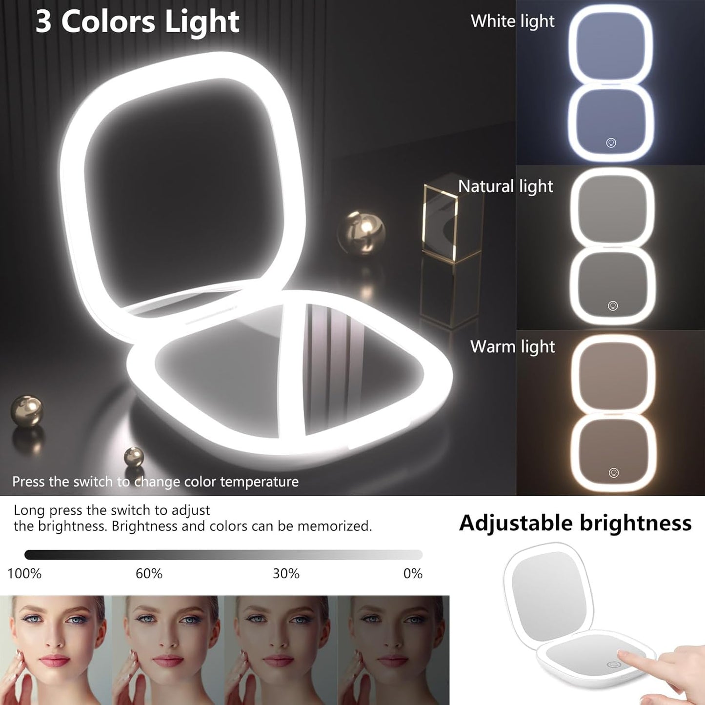 Compact Mirror with Light,15X Magnifying Travel Mirror for Purse, Dual LED Pocket Mirror with 3 Color Modes, Auto Shut-Off, Portable Makeup Mirror, Essential Mini Travel Magnifying Mirror