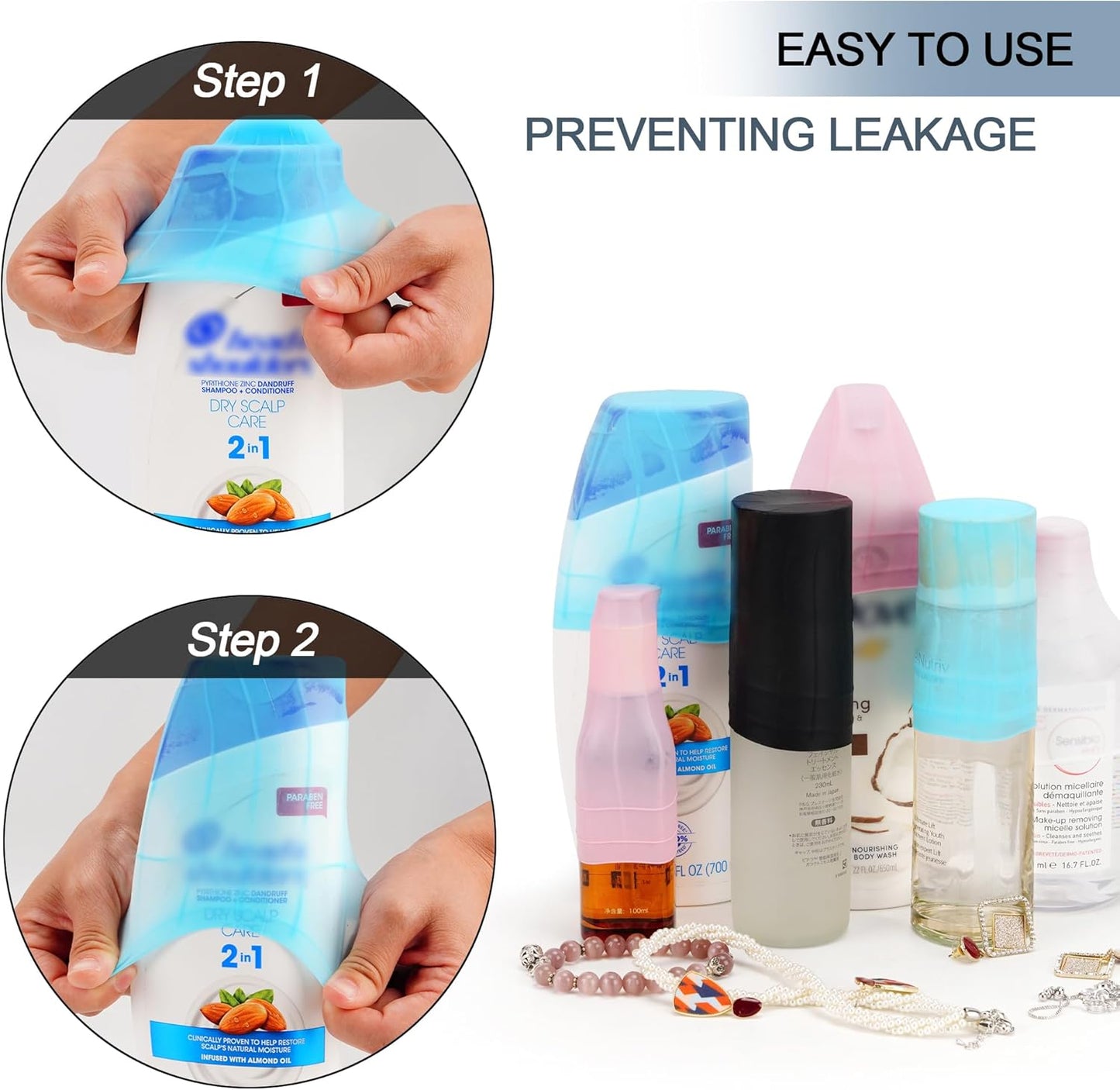 Travel Hanging Toiletry Bag for Women, Large Makeup Bag 8 Leak Proofing Silicone Bottle Covers, Waterproof Cosmetic Bag with Jewelry Organizer Compartment, Toiletries Kit Set, Navy Blue