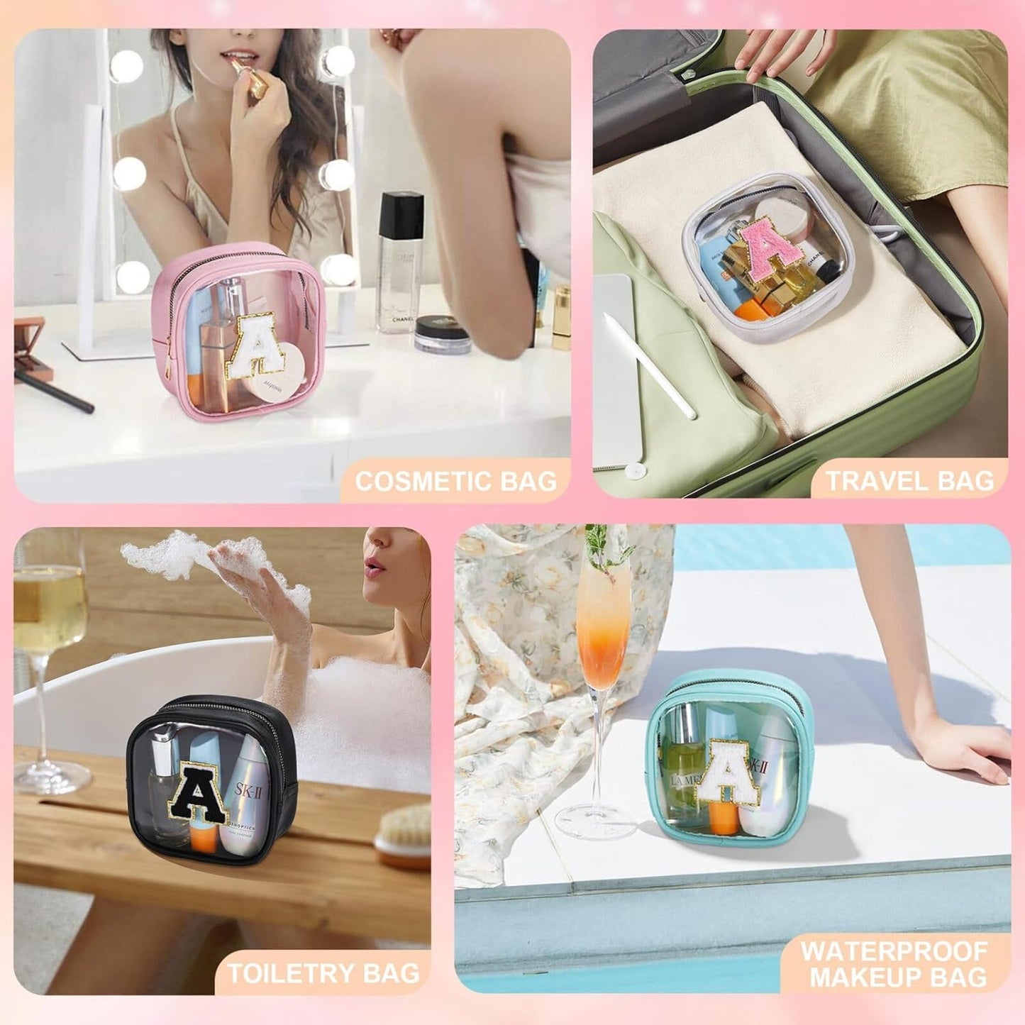 YOOLIFE Initial Make Up Bag Travel Toiletry Bag, Clear Makeup Bag Preppy Cosmetic Bags Organizer Travel Essentials Gifts for Women Teen Girlfriend Teacher Mom Birthday Mothers Day Gifts White P